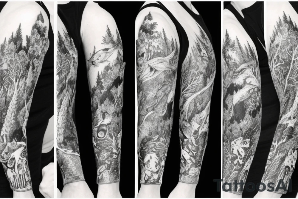 Sleeve with animals, forest, mountains tattoo idea