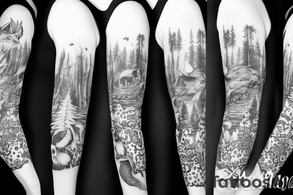 Sleeve with animals, forest, mountains tattoo idea