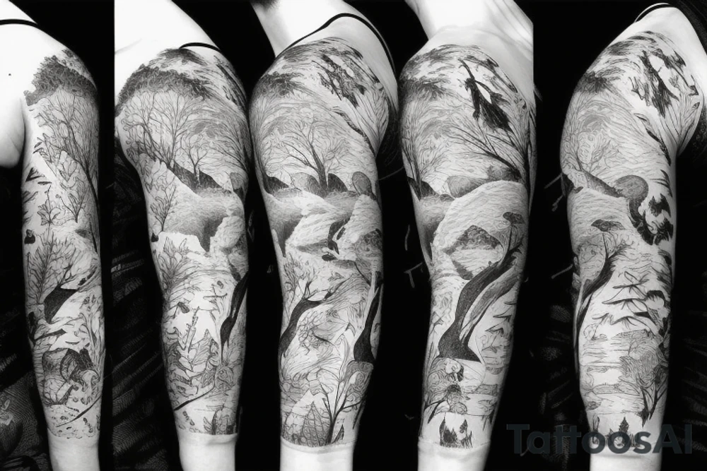 Sleeve with animals, forest, mountains tattoo idea