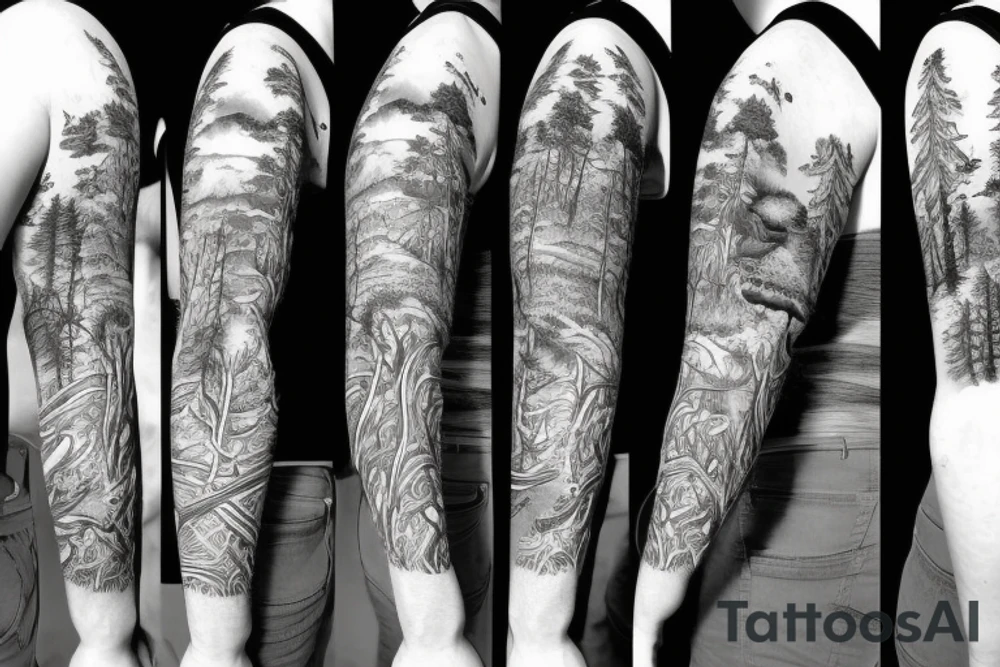 Sleeve with animals, forest, mountains tattoo idea