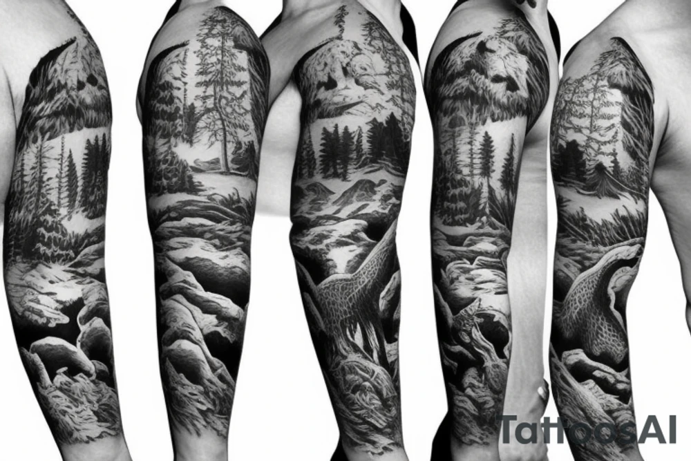 Sleeve with animals, forest, mountains tattoo idea
