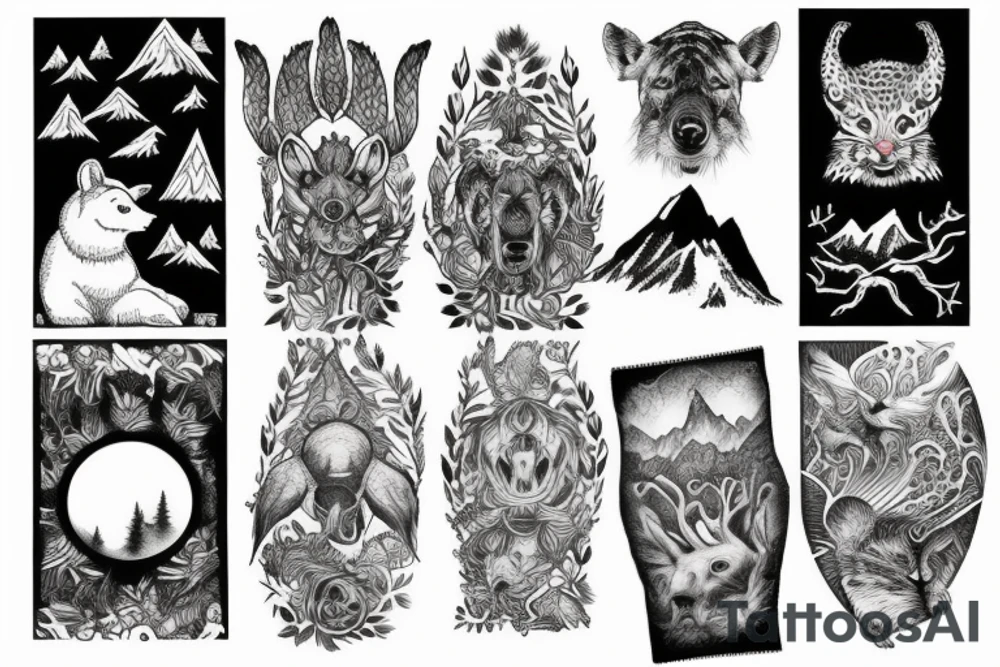 Sleeve with animals, forest, mountains tattoo idea