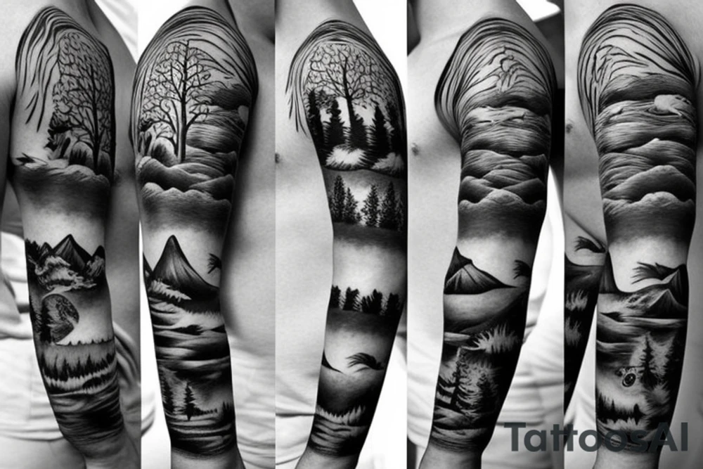 Sleeve with animals, forest, mountains tattoo idea