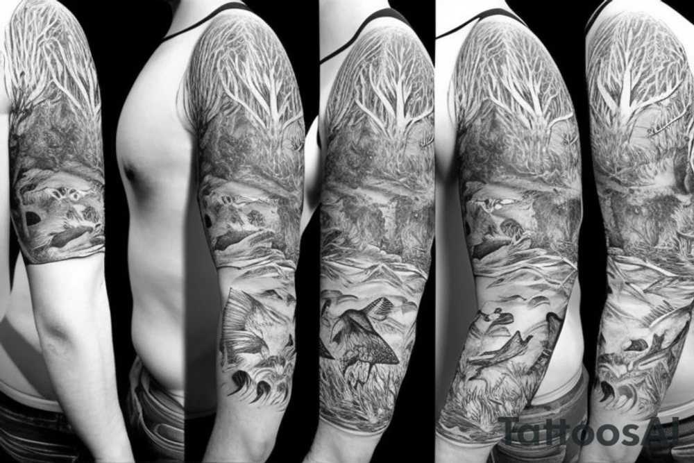 Sleeve with animals, forest, mountains tattoo idea