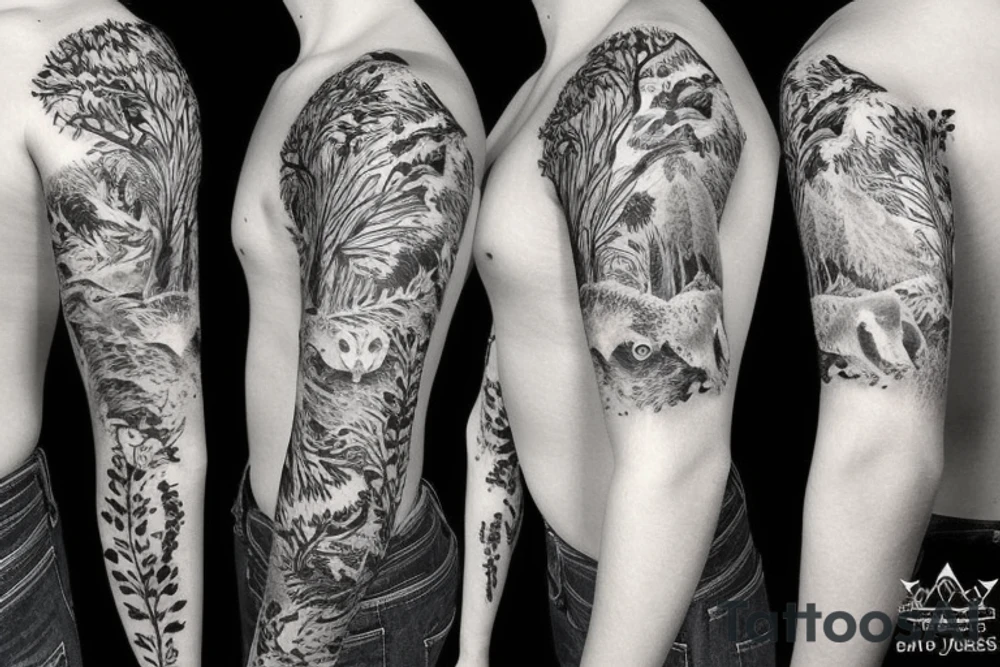 Sleeve with animals, forest, mountains tattoo idea