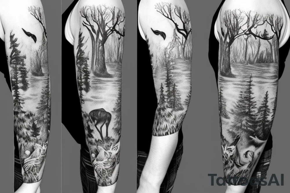Sleeve with animals, forest, mountains tattoo idea