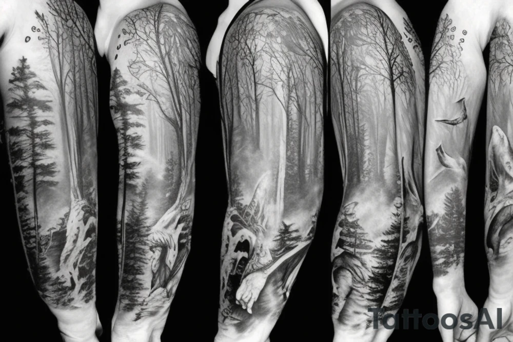 Sleeve with animals, forest, mountains tattoo idea