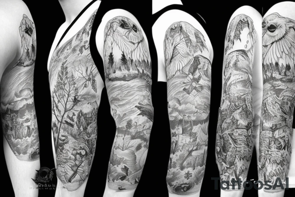 Sleeve with animals, forest, mountains tattoo idea