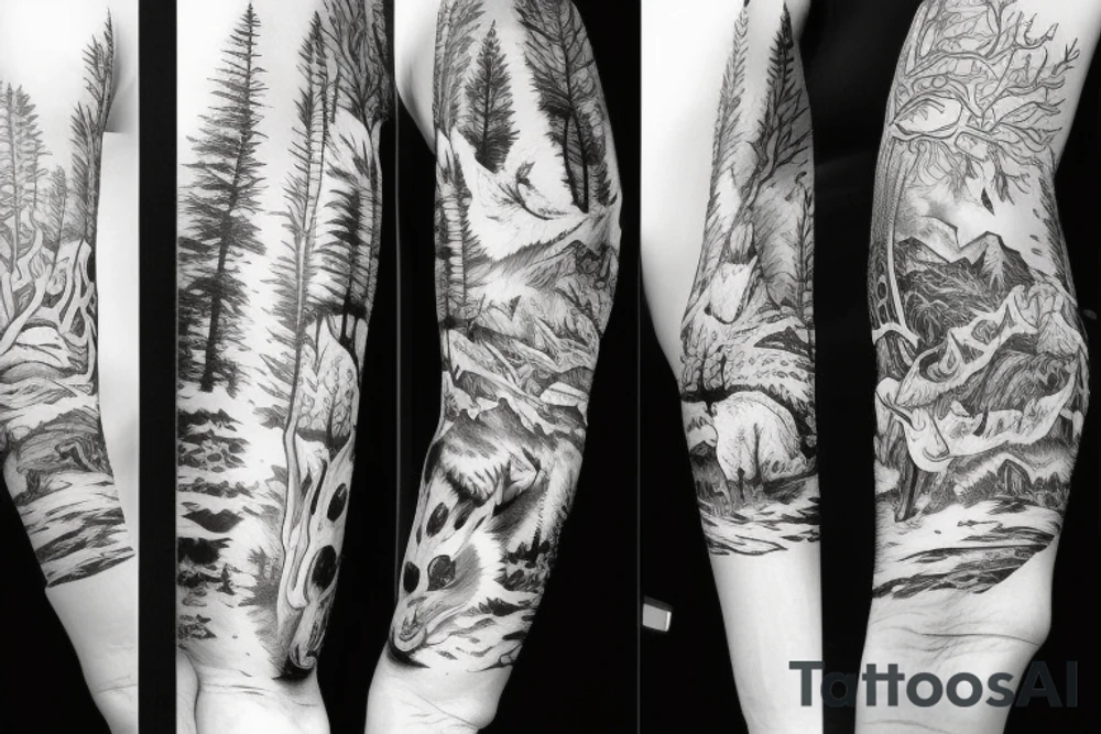 Sleeve with animals, forest, mountains tattoo idea