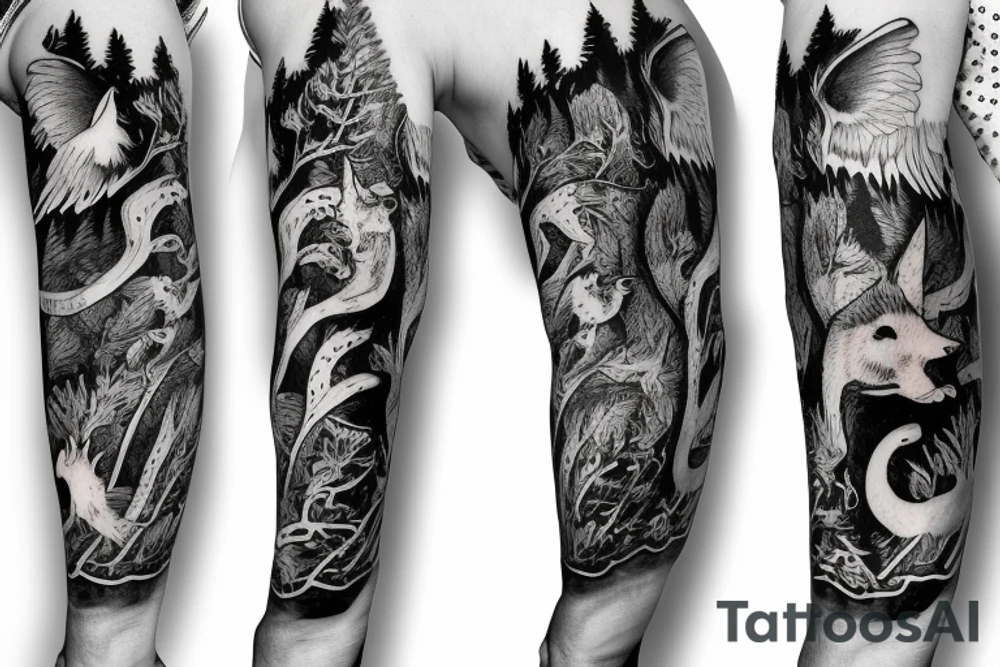Sleeve with animals, forest, mountains tattoo idea