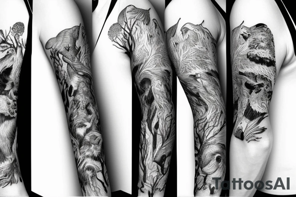 Sleeve with animals, forest, mountains tattoo idea
