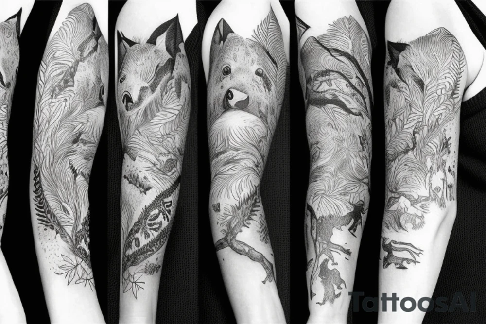 Sleeve with animals, forest, mountains tattoo idea