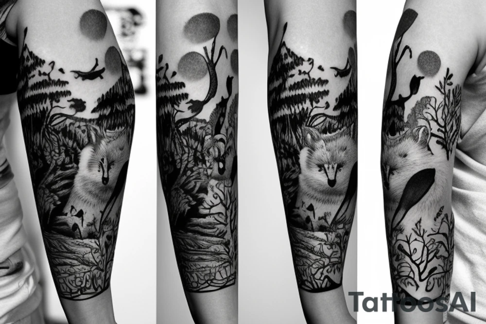 Sleeve with animals, forest, mountains tattoo idea
