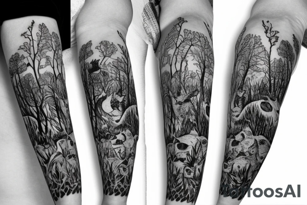 Sleeve with animals, forest, mountains tattoo idea