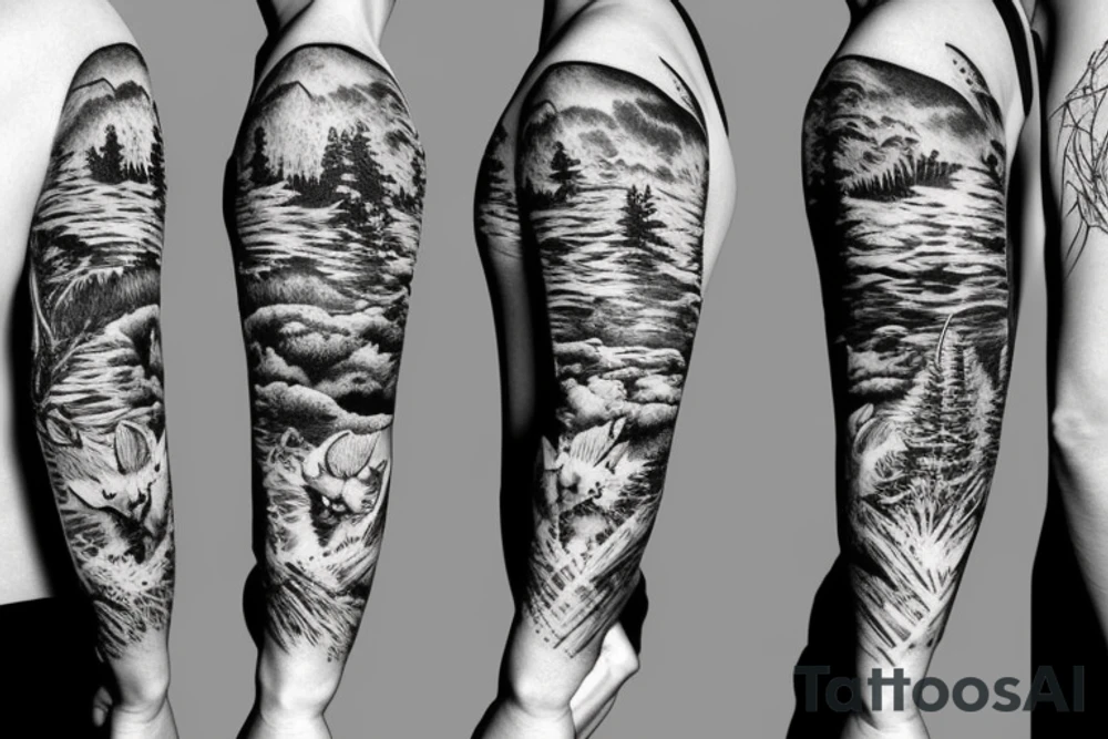 Sleeve with animals, forest, mountains tattoo idea