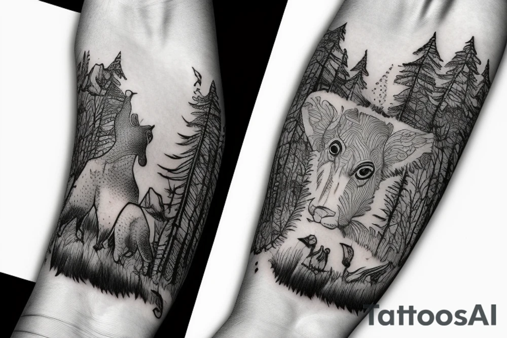 Sleeve with animals, forest, mountains tattoo idea