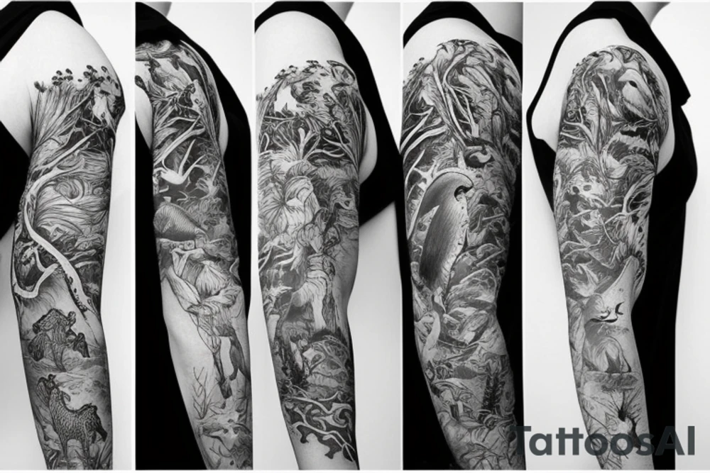 Sleeve with animals, forest, mountains tattoo idea