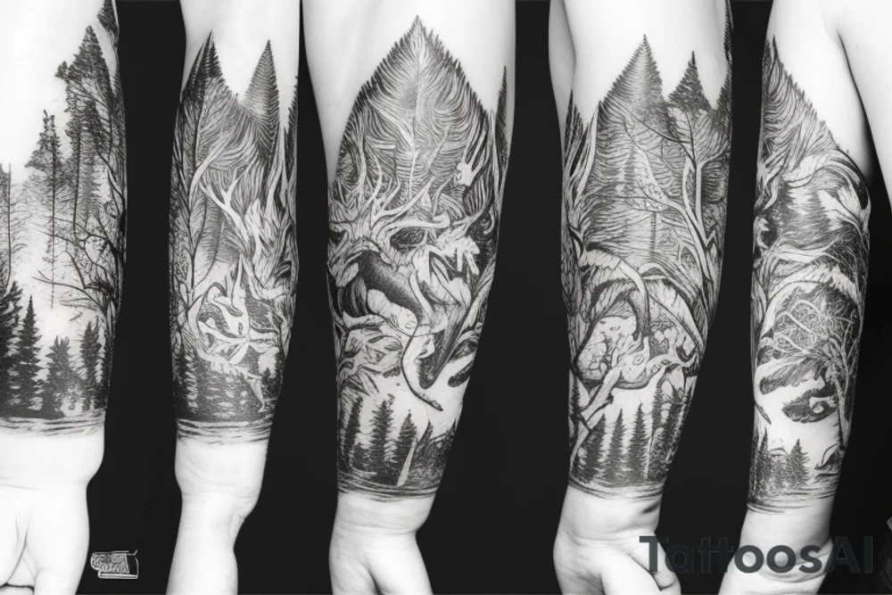 Sleeve with animals, forest, mountains tattoo idea