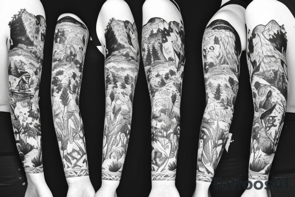 Sleeve with animals, forest, mountains tattoo idea