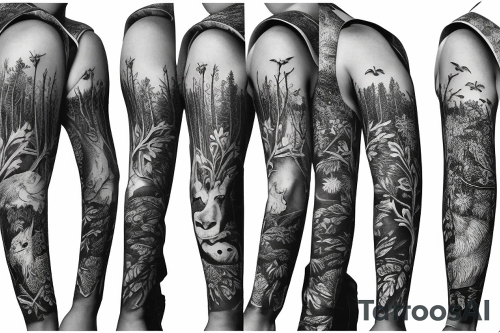 Sleeve with animals, forest, mountains tattoo idea