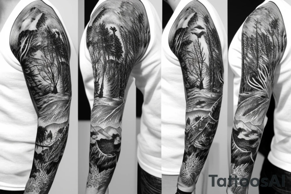 Sleeve with animals, forest, mountains tattoo idea