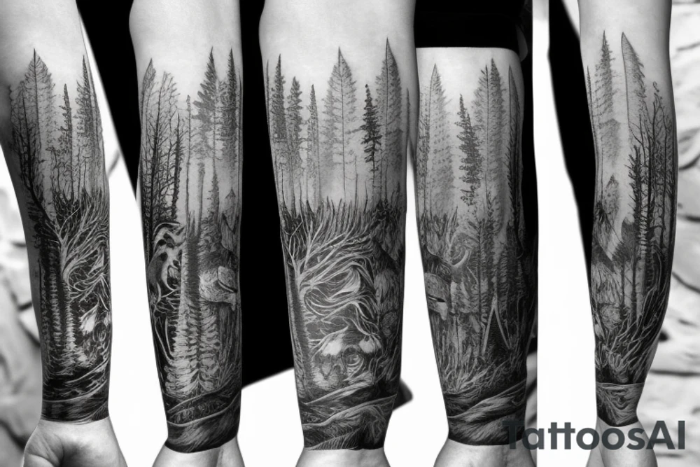 Sleeve with animals, forest, mountains tattoo idea