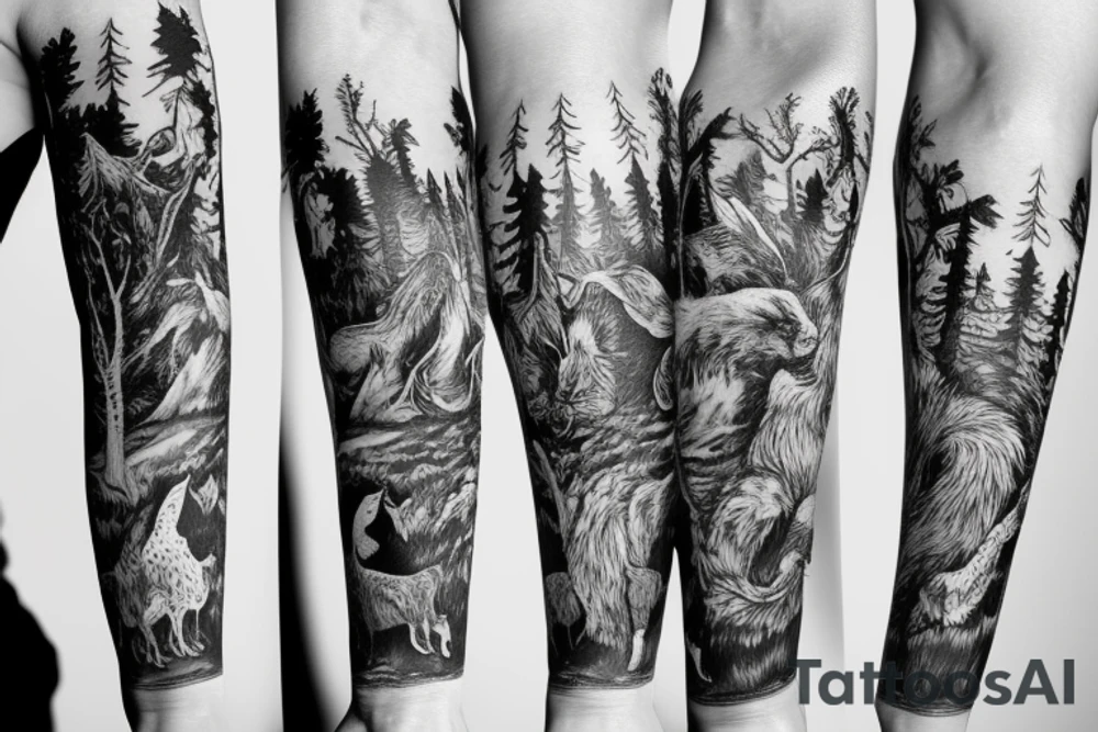 Sleeve with animals, forest, mountains tattoo idea