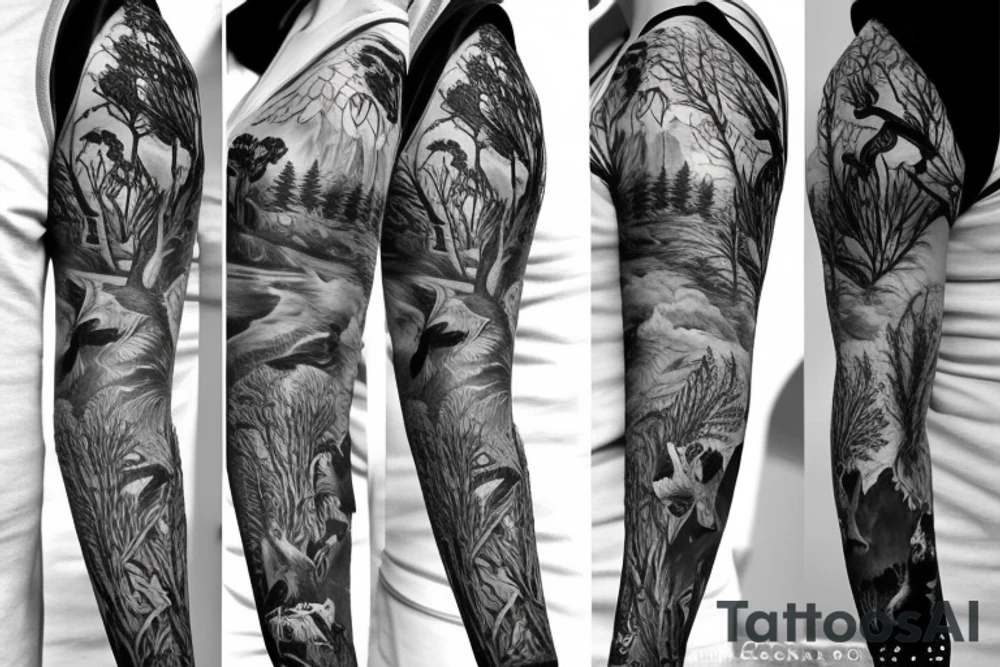 Sleeve with animals, forest, mountains tattoo idea