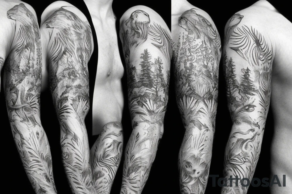 Sleeve with animals, forest, mountains tattoo idea