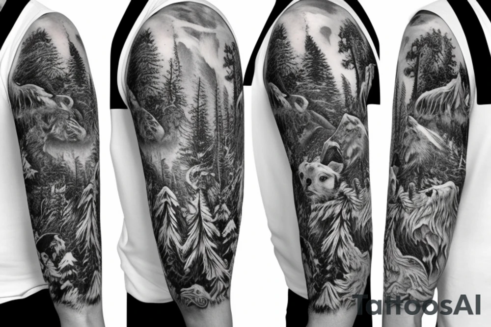 Sleeve with animals, forest, mountains tattoo idea