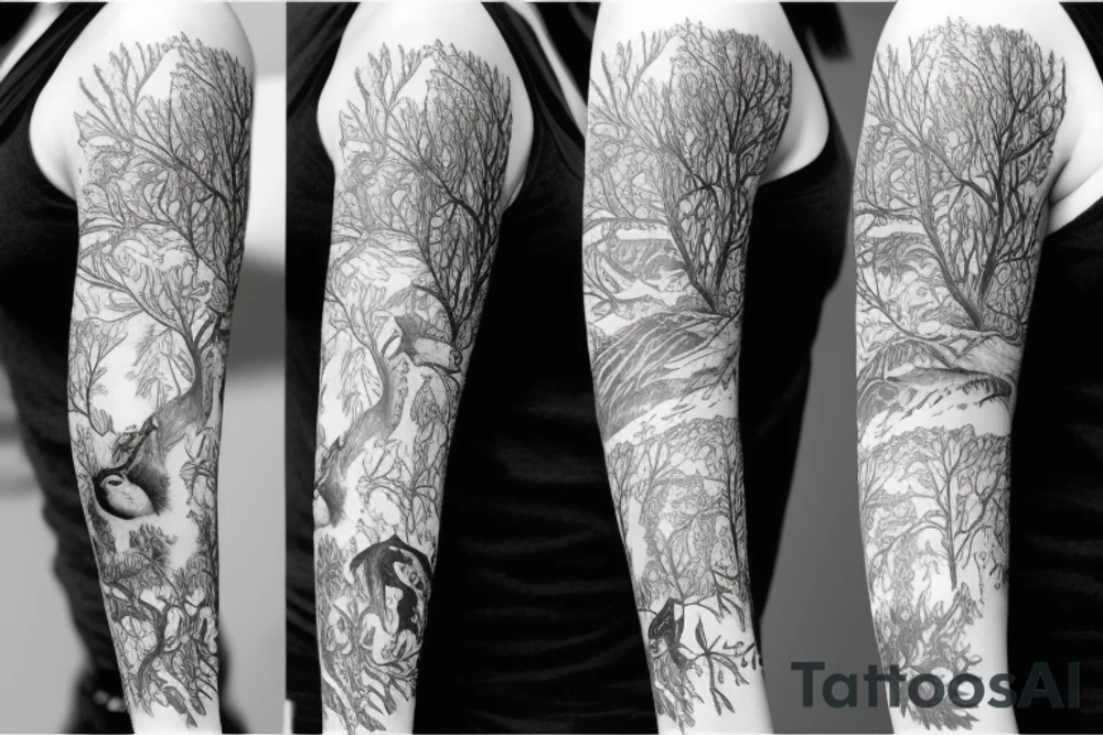 Sleeve with animals, forest, mountains tattoo idea