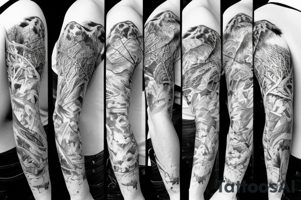 Sleeve with animals, forest, mountains tattoo idea