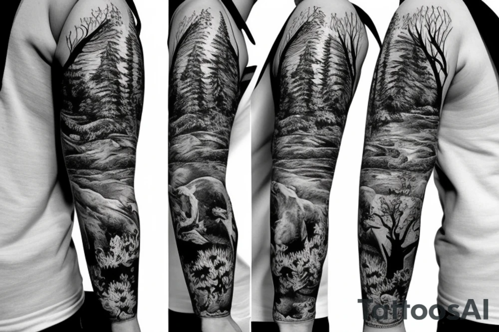 Sleeve with animals, forest, mountains tattoo idea