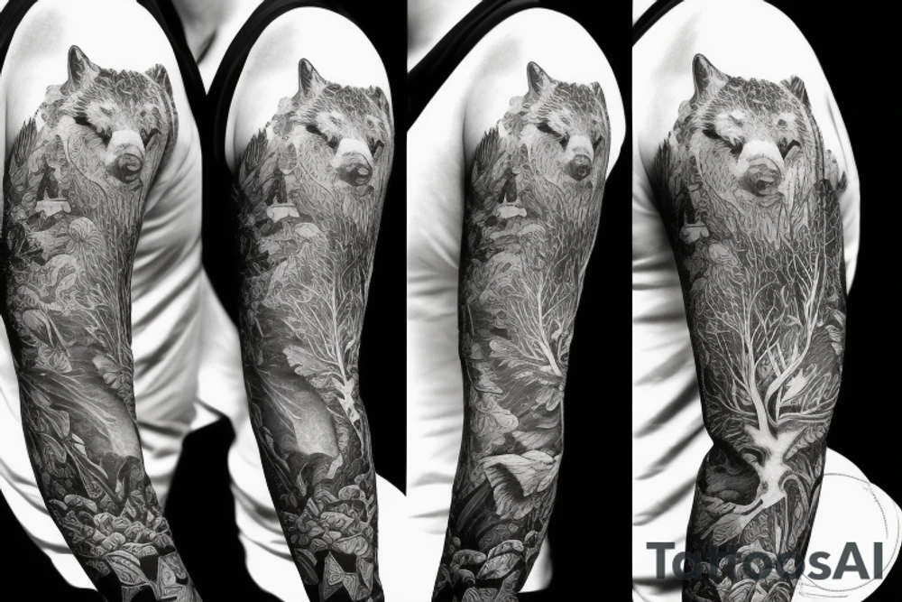 Sleeve with animals, forest, mountains tattoo idea