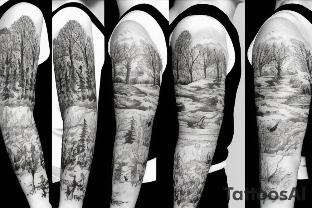 Sleeve with animals, forest, mountains tattoo idea