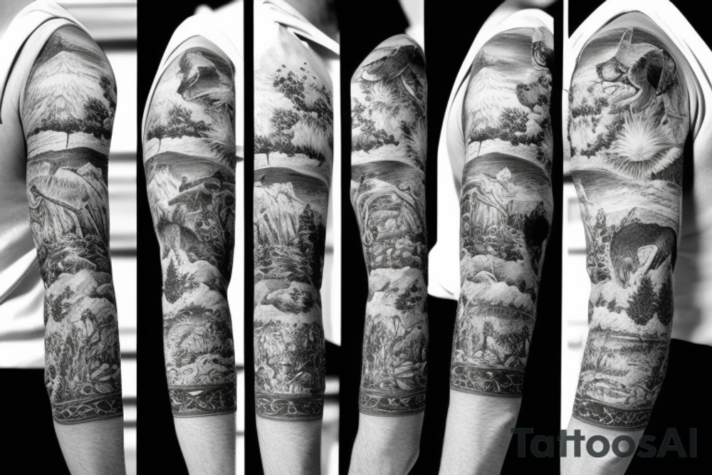 Sleeve with animals, forest, mountains tattoo idea