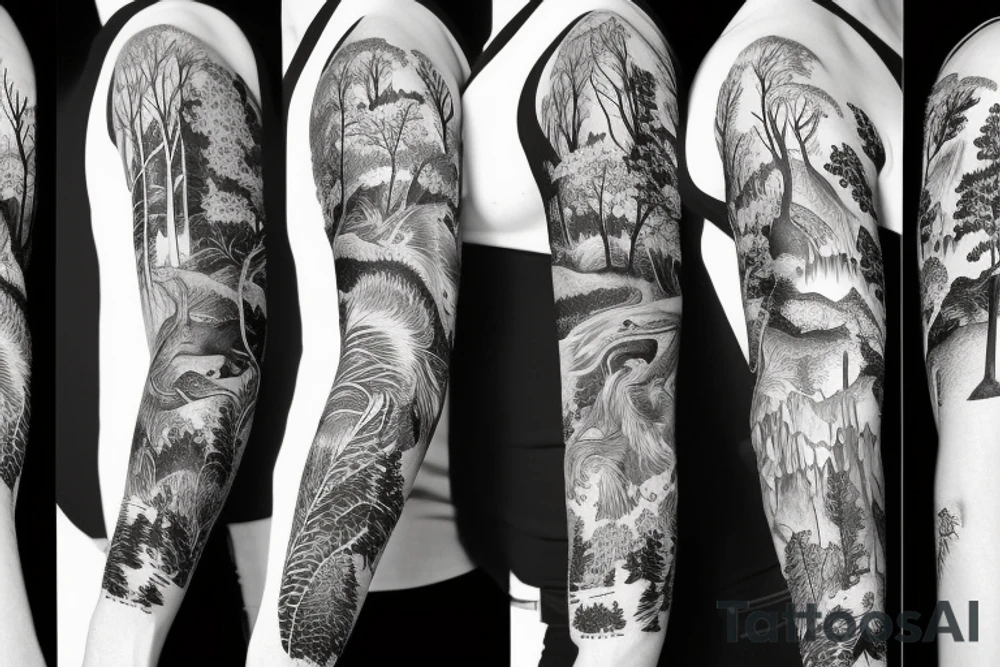 Sleeve with animals, forest, mountains tattoo idea