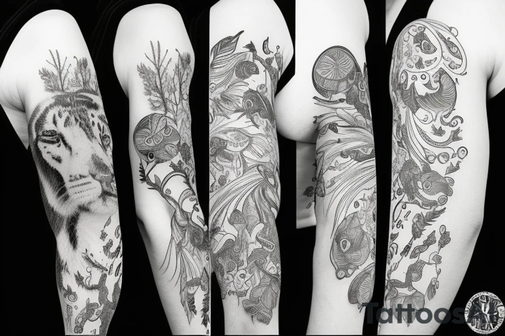 Sleeve with animals, forest, mountains tattoo idea