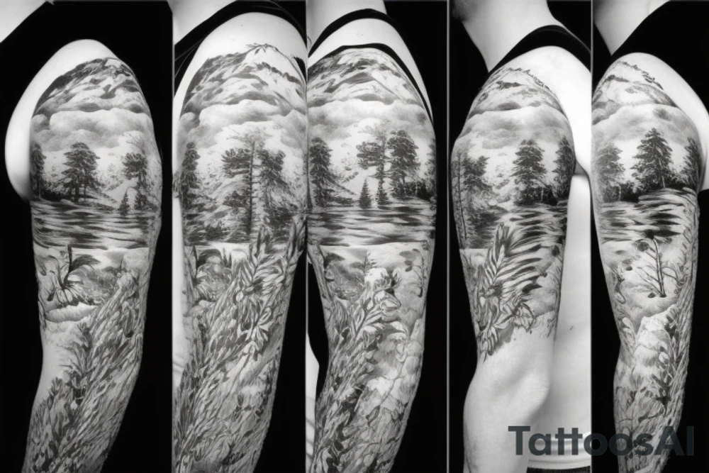 Sleeve with animals, forest, mountains tattoo idea