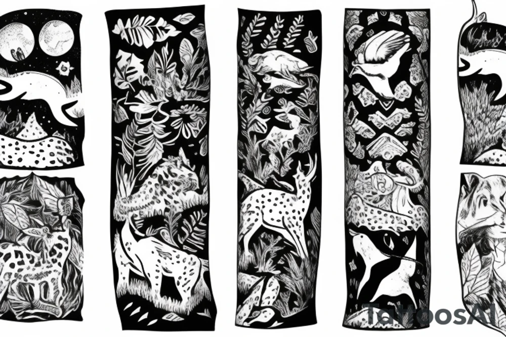 Sleeve with animals, forest, mountains tattoo idea