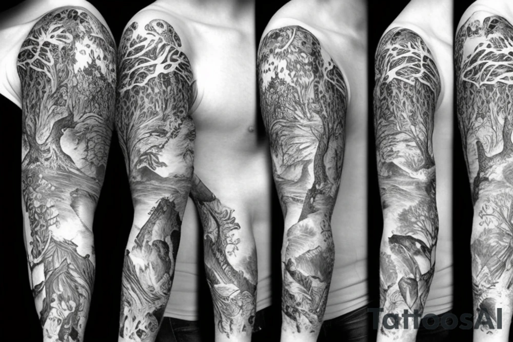 Sleeve with animals, forest, mountains tattoo idea