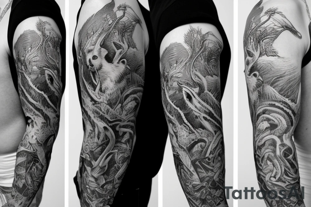 Sleeve with animals, forest, mountains tattoo idea