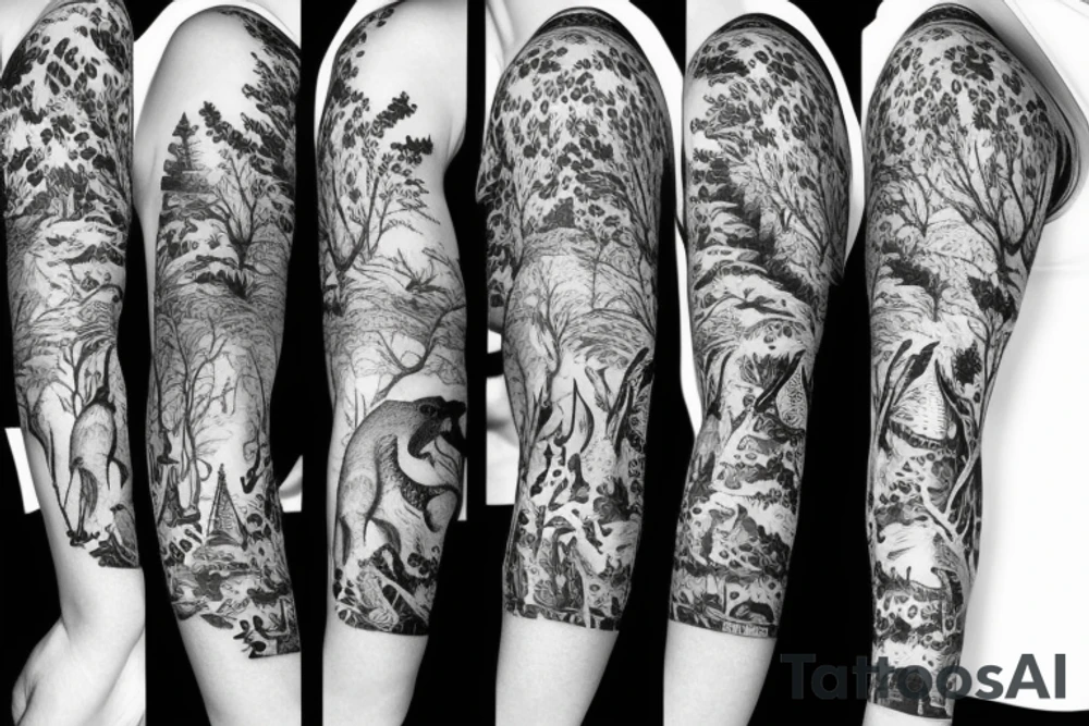 Sleeve with animals, forest, mountains tattoo idea