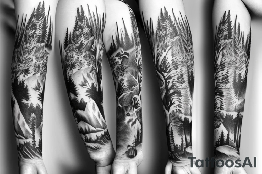 Sleeve with animals, forest, mountains tattoo idea