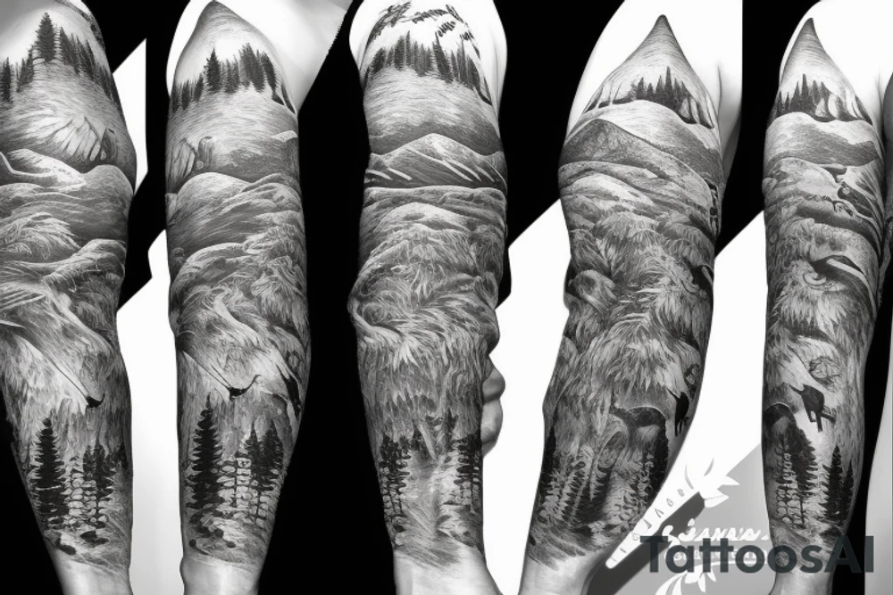 Sleeve with animals, forest, mountains tattoo idea