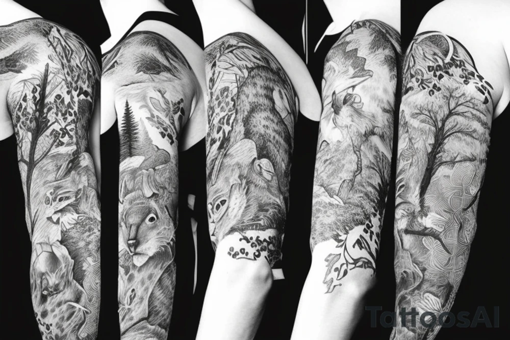 Sleeve with animals, forest, mountains tattoo idea