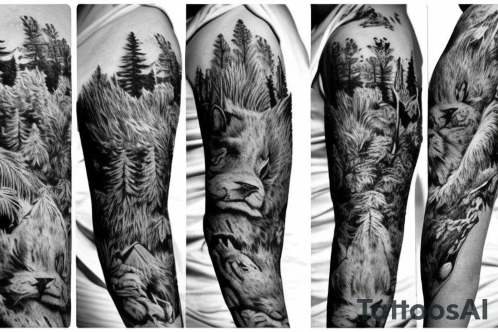 Sleeve with animals, forest, mountains tattoo idea