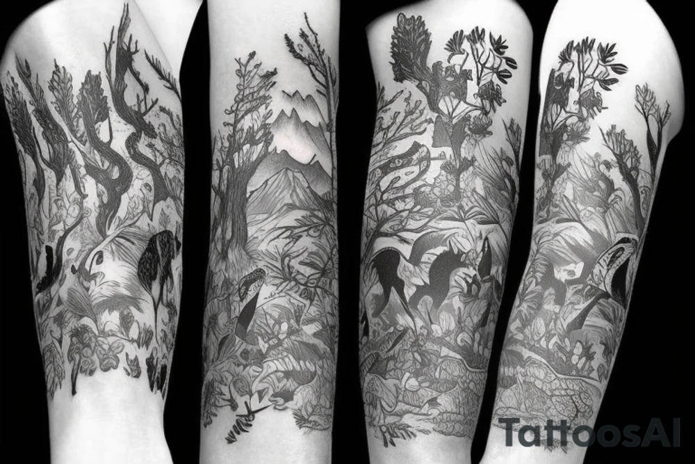 Sleeve with animals, forest, mountains tattoo idea
