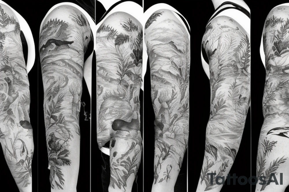 Sleeve with animals, forest, mountains tattoo idea