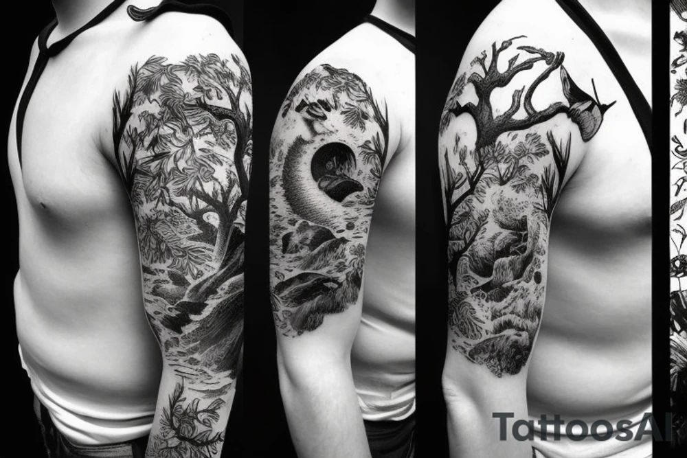 Sleeve with animals, forest, mountains tattoo idea